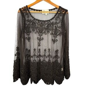 Vintage Gothic Western Sheer Lace Blouse Black Embroidered Mesh Top Size 2XL